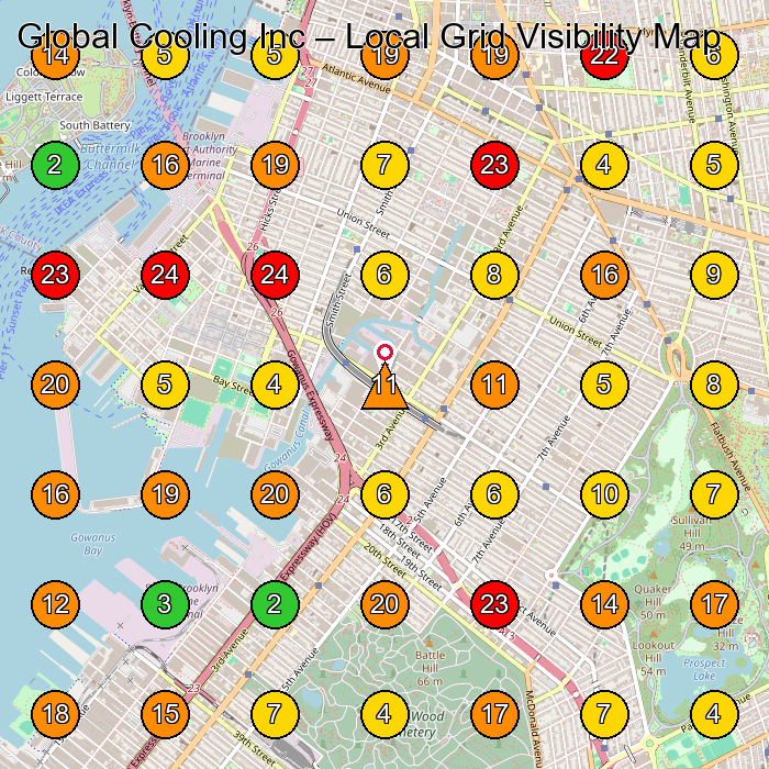 Global Cooling Inc Air Conditioning Contractor GeoGrid ranking map for Brooklyn NY